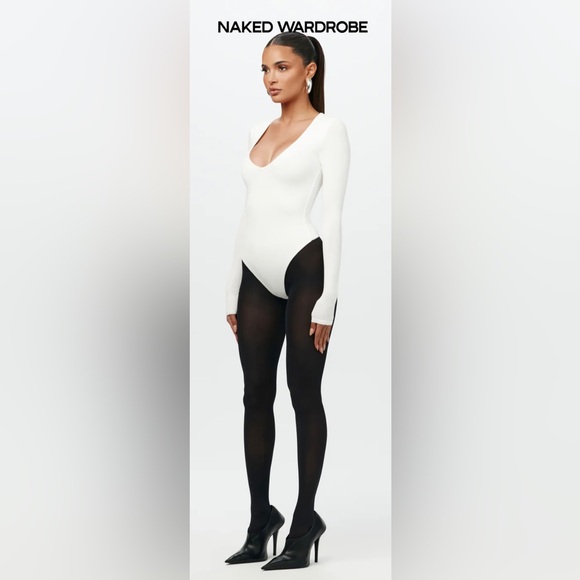 Naked Wardrobe NWT NW V-Neck Long Sleeve Bodysuit in White - Picture 5 of 11